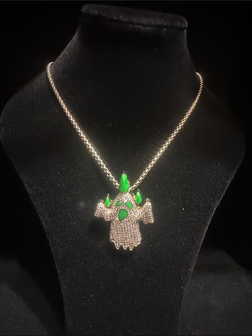 Gold Crystal Ghost Pendant with green accents Necklace